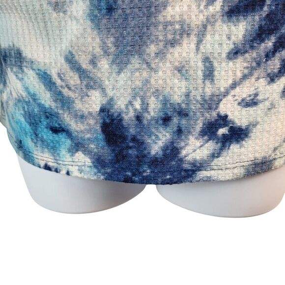 Three Bird Nest Medium Blue White Tie Dye Top Cowl Neck Waffle Knit USA MADE - Picture 12 of 14